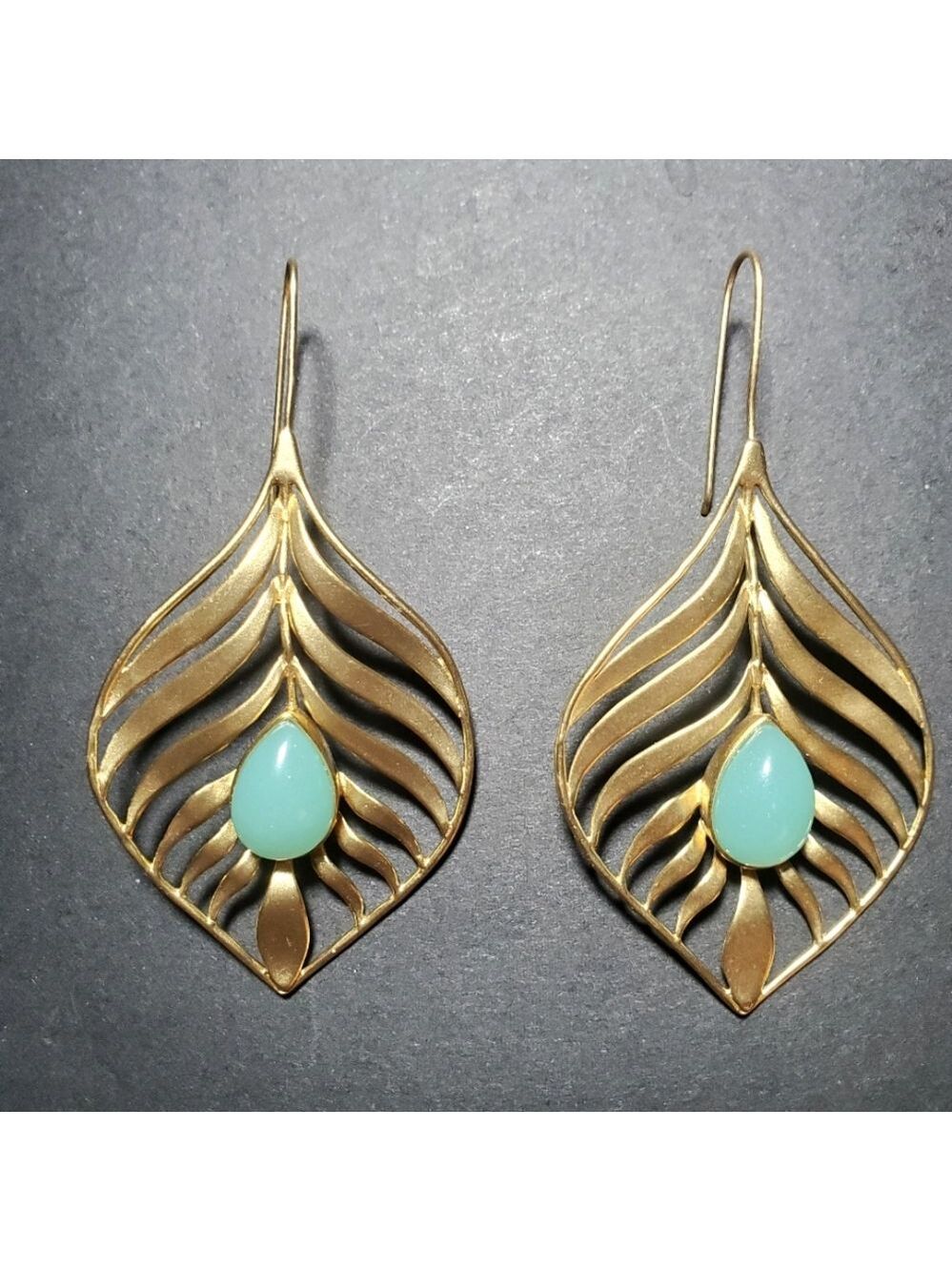 14K GOLD PLATED Handcrafted Leaf Shaped with Turquoise Glass Teardrop